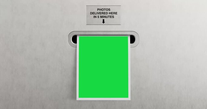 4k Resolution Video: Instant Photo Printing Service Concept With Photo Booth Output Slot. Blank Green Screen Photo Template Coming Out Of Machine Extreme Closeup
