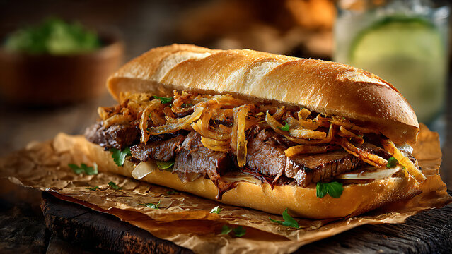 Realistic Food Photography of Cuban Pan con Bistec Sandwich with Shoestring Potatoes