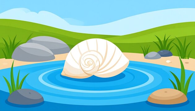 A placid scene of a tranquil pond with a seashell resting on the water's surface