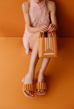 Pink Fluffy Dress With Orange Bag And Sandals