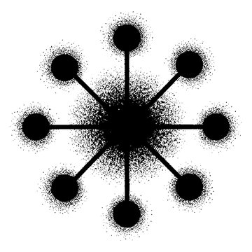 Abstract node graph structure, radial network visualization with granular, data connectivity diagram, molecular model schematic, digital map.