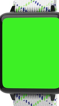 4k Resolution Vertical Video for Social Media: Smart Technology And Wearable Innovation Concept. App Or Interface Mockup Modern Smartwatch With Textile Strap Show Green Chroma Key Screen 