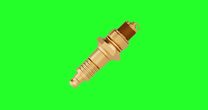 4k Resolution Video: Automotive Luxury And Engineering Concept. Golden Spark Plug Component For Internal Combustion Engine Seamless Looped Rotated OnGreen Screen Chroma Key Background With Alpha Matte