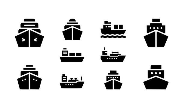 Ship glyph icon set with cruise cargo vessel silhouettes for marine transport and sea travel