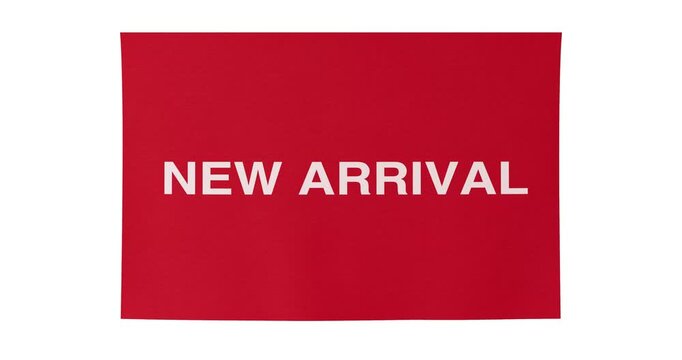 4k Resolution Video: Product Launch And Retail Promotion. Red New Arrival Banner Unrolled Animated On White Background With Alpha Matte