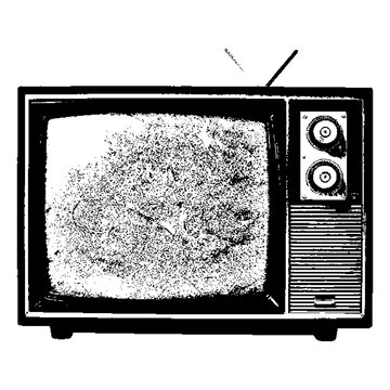 Retro tube TV displaying snow static, analog set, cathode ray display, 1970s living room console, screen noise.
