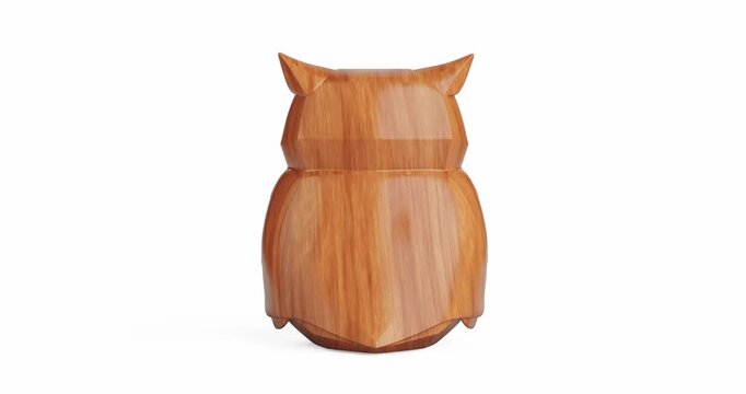 4k Resolution Video: Symbol Of Wisdom And Minimal Decor. Wooden Owl Sculpture With Smooth Carved Details Seamless Looped Rotating On White Background With Alpha Matte
