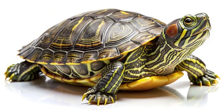 Vibrant CloseUp of a RedEared Slider Turtle Against a White Background