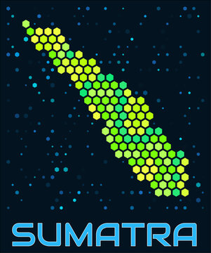 Sumatra hexagon dots map. Indonesia. Digital style shape of the island. Sumatra map and title. Large green colored hexagons, sparse blue dots at background. Vector Illustration.