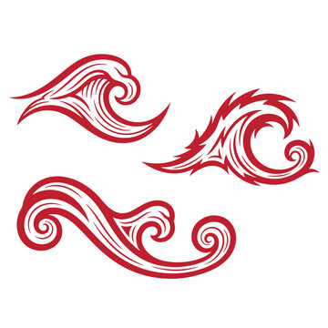 Red tribal wave on white background, three stylized swirls