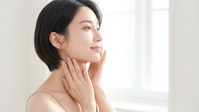 明るい窓辺のやさしい光の中でフェイスラインから首元に手を添え、美しい横顔となめらかな肌印象を見せる若い女性のビューティーイメージ、フェイスケア・ネックケア・美容広告に適した上品で清潔感のある人物素材