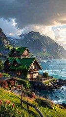 Fototapeta premium A serene coastal village with rustic houses