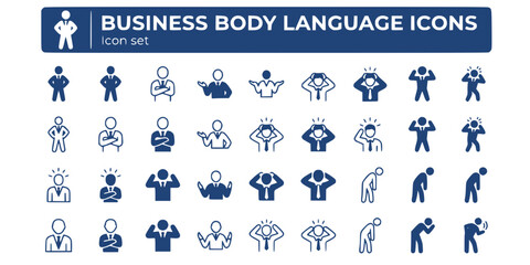 Fototapeta premium Business Body Language Emotion Icon Set Confident Stance Arms Cross Open Palm Negotiation Overwhelmed Eureka Power Pose Burnout Slouch Active Listening Lean