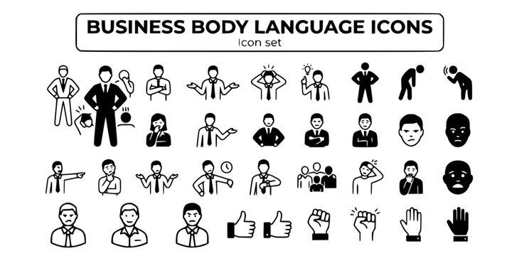 Business Body Language Emotion Icon Set Confident Stance Arms Cross Open Palm Negotiation Overwhelmed Eureka Power Pose Burnout Slouch Active Listening Lean