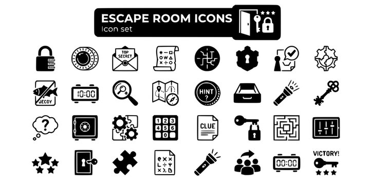 Escape Room Puzzle Game Design Icon Set Combination Padlock Cipher Wheel Clue Envelope Red Herring Difficulty Star Countdown Clock Hint Token Hidden Drawer UV Reveal Solution Key