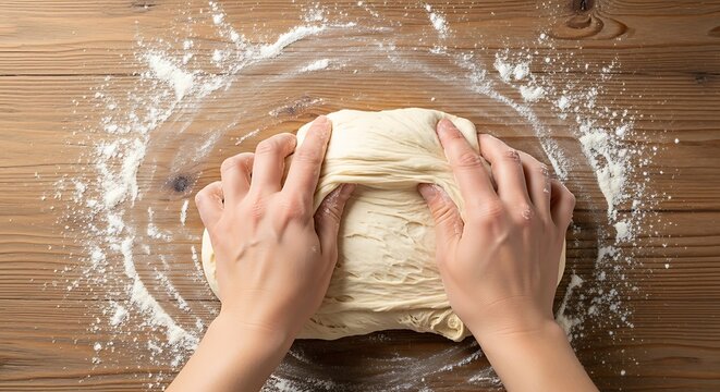 Hands kneading fresh dough on a floured wooden surface for bread making