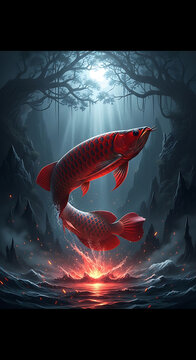 Red Fish Leaping from Water.