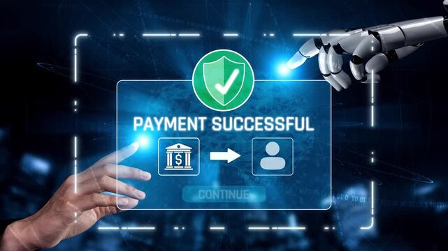 AI confirms secure payment transaction, verifying user identity, processing order, and authorizing completed digital payment within trusted financial systems. Marrow