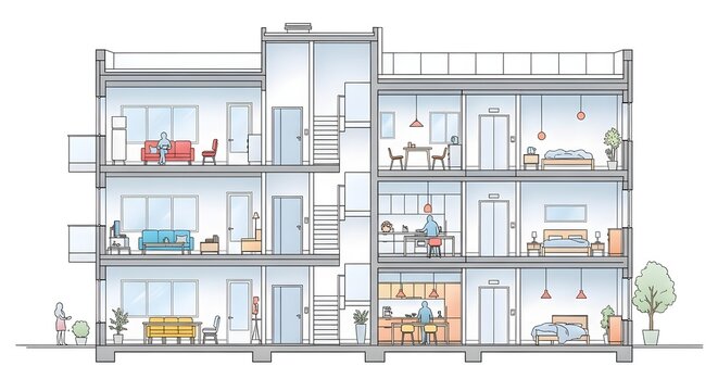A detailed architectural cross-section of a multi-story apartment building showing living rooms, bedrooms, kitchens, and common areas with people.