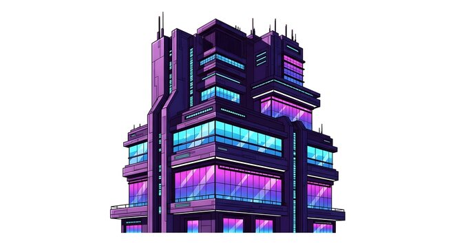 A high-detailed 2D vector illustration of a futuristic sci-fi building with neon purple and blue accents, featuring modular tech architecture in a cyberpunk style.
