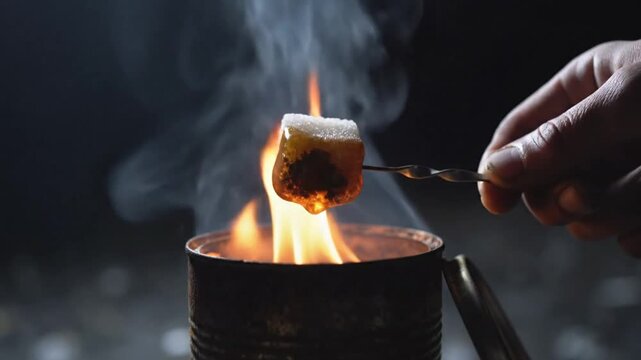 Burning a cube of sugar over a flame held with a metal skewer, cooking and melting slowly