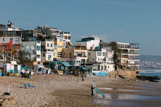 Coastline of Taghazout near Agadir, Morocco, bathed in bright sunlight
