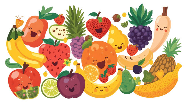 A Whimsical Fruit Fiesta: A cheerful collection of vibrant fruits, each with a unique personality, form a joyful, cartoonish spectacle of deliciousness.