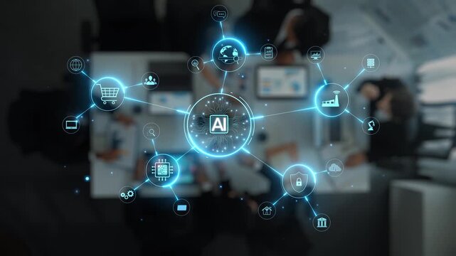 This image illustrates the concept of artificial intelligence in a business setting, showcasing various digital icons representing connections and technology advancement. Raster