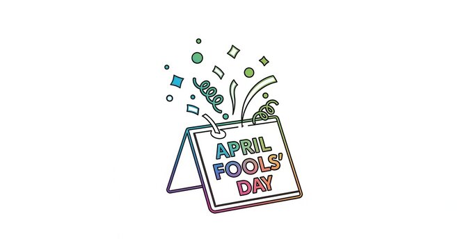 Vibrant April Fools' Day desktop sign illustration with celebratory confetti bursting above a