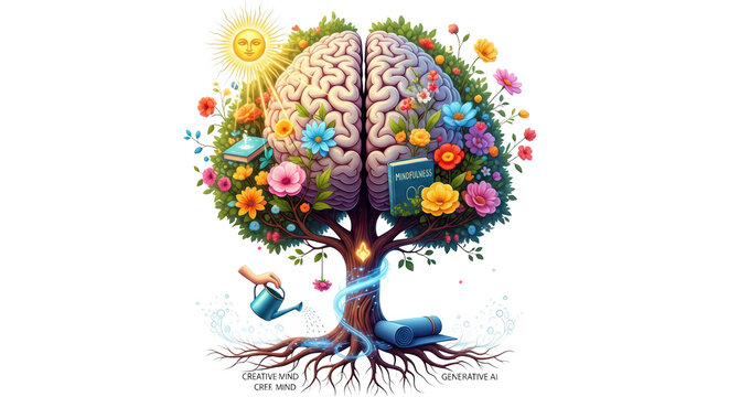 Brain with tree and flowers growing.
