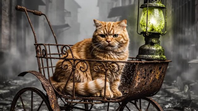 Ginger cat sits inside rusty antique stroller with lit vintage lantern in a misty cobblestone alley scene