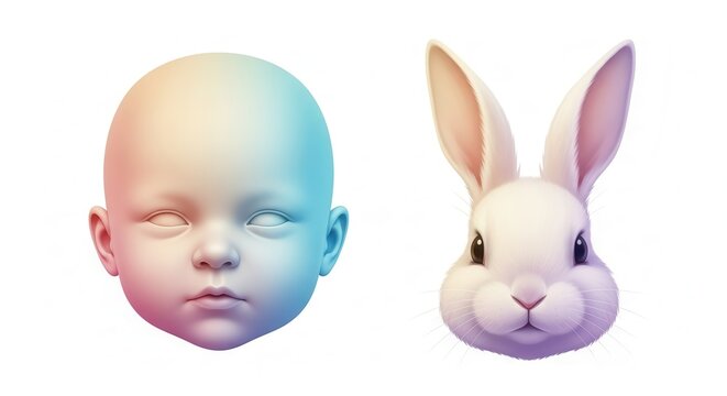 Conceptual infant form and sweet rabbit face in a harmonious colorful pastel composition
