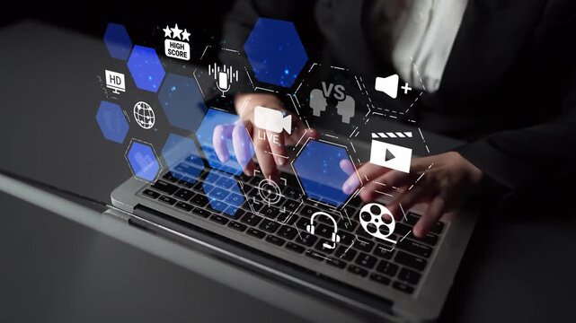Gaming icons show online gaming, game streaming, and interactive play. Gaming supports esports, game community, and digital gaming experience. Funnel