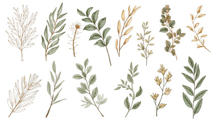 Fototapeta premium Botanical Elegance: Exquisite watercolor illustrations of delicate leaves and branches, capturing the essence of natural beauty.