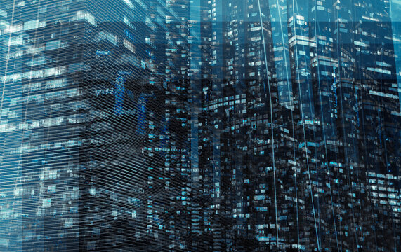 Digital blue downtown skyscraper abstract grid pattern