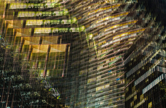 Layered abstract downtown skyscraper geometry