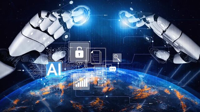 Futuristic robotic hands interact with digital icons representing technology, data security, and artificial intelligence over the planet earth Gluon.