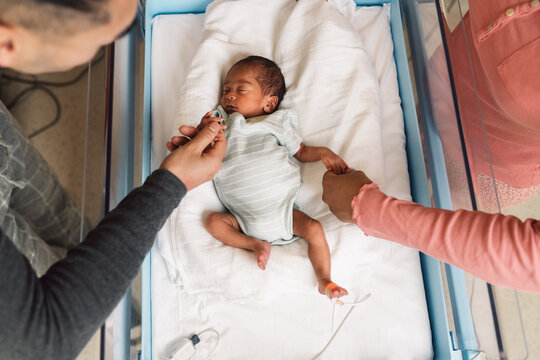 Parents holding newborn baby hands in hospital incubator