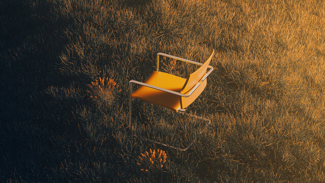Chair sits alone in a wide field of plants at sunset