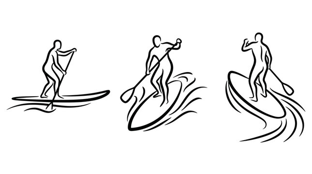 Paddleboarder Silhouette Collection - Dynamic Line Art on White Background.