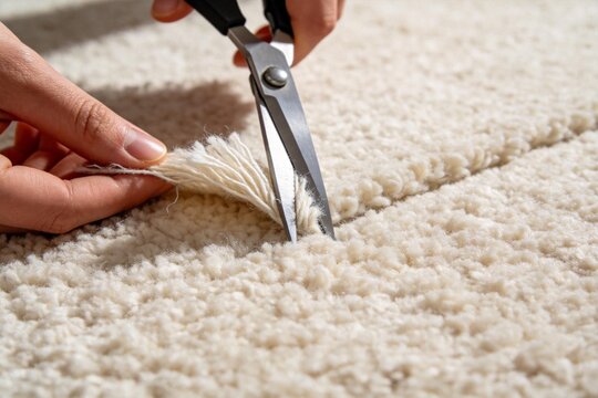 Hands cutting carpet fibers with scissors