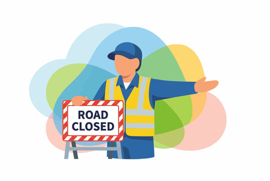 Construction Worker with Road Closed Sign Vector Illustration