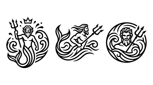 Mythological Poseidon Trident God of the Sea Vector Illustrations.