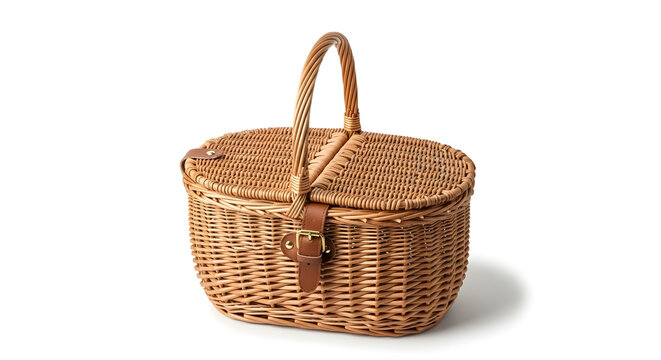 Wicker picnic basket with leather strap and handle traditional woven container for outdoor mea
