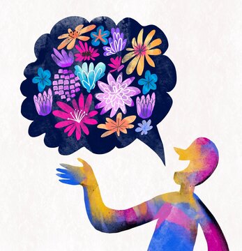Human Profile with speech bauble with  flowers  calling for spring