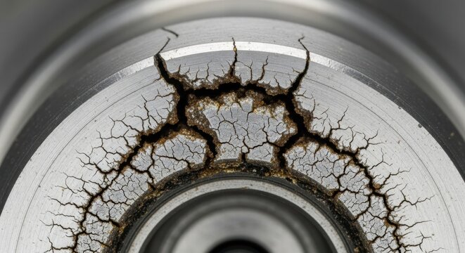 Extreme macro view of severe metal fatigue and cracking on industrial component surface
