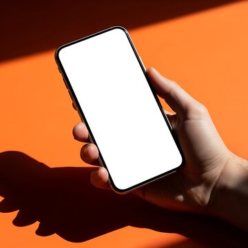Close up of Hand Holding Smartphone with Blank White Screen Mockup on Bright Orange Background with Hard Shadow