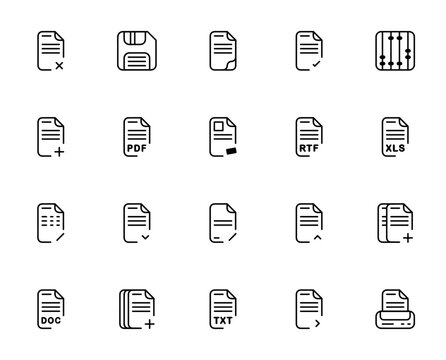 File icon set. Minimal vector icons pack. Includes symbols for document, pdf, txt, doc, xls, rtf, diskette, printer, settings and more. Editable stroke.