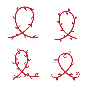 Red floral infinity symbols on white background, set of four floral red leafy patterns swirls
