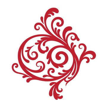 Red floral scroll on white background, swirling patterns and leaves